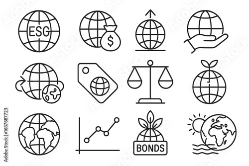 Global Ethical Investing Icons. Line style icons of global ethical investing trends: globe with ESG icon, emerging market ethical