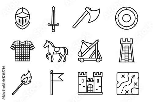 Medieval Warfare Icons. Line style icons of medieval warfare: knight helmet, longsword, battle axe, round shield, chainmail armor,