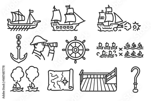 Naval Warfare Icons. Line style icons of naval warfare history: war galley, sail-and-cannon ship, cannon fire, naval broadside,