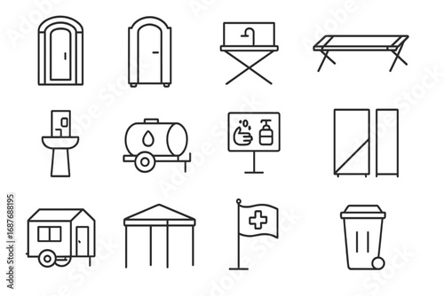 Temporary Infrastructure Icons. Line style icons of temporary infrastructure: portable toilet icon, mobile shower unit,