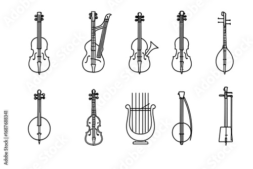 Rare String Instrument Icons. Line style icons of string-based rare instruments: arpeggione, harpolyre, sitole, baryton, viola