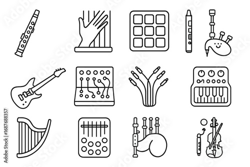 Electroacoustic Instrument Icons. Line style icons of electroacoustic experimental instruments: MIDI clarinet, laser harp, tactile