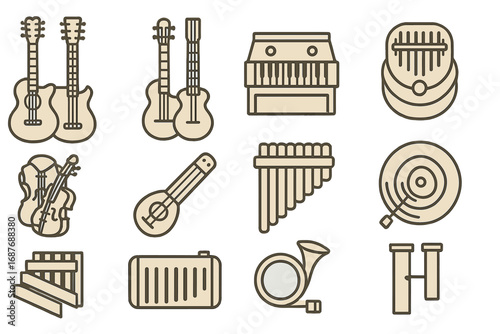 Line Style Instruments. Line style icons of multi-tone instruments: double-necked guitar, twin-fret bass, dual-voice harmonium,