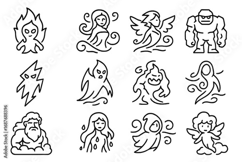 Elemental Mythical Icons. Line style icons of elemental mythical beings: fire elemental, water spirit, air sylph, earth golem,