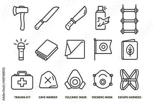 Survival Gear Icons. Line style icons of extreme survival items: emergency axe, machete, shark repellent, rope ladder, SOS light,