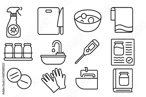 Fermentation Tools Icons. Line style icons of fermentation workspace tools: sanitized surface spray, chopping board, cutting knife