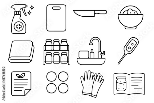 Fermentation Tools Icons. Line style icons of fermentation workspace tools: sanitized surface spray, chopping board, cutting knife
