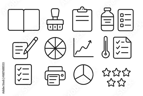Fermentation Log Icons. Line style icons of fermentation record keeping: blank fermentation logbook, date stamp, clipboard icon,