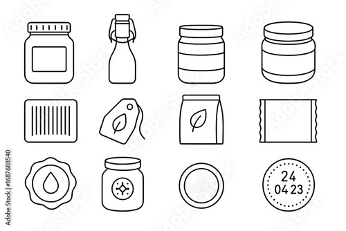 Fermentation Packaging Icons. Line style icons of fermentation packaging: glass jar with label, flip-top bottle, shrink band,