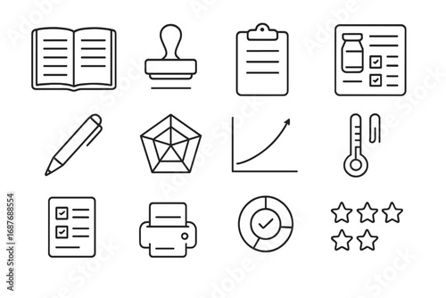 Fermentation Log Icons. Line style icons of fermentation record keeping: blank fermentation logbook, date stamp, clipboard icon,