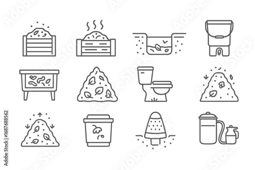 Compost Icons Collection. Line style icons of compost types: cold compost pile, hot compost pile, trench composting, bokashi