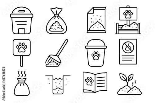 Pet Waste Compost Icons. Line style icons of pet waste composting systems: special compost bin, separate waste bag, enzyme pack,