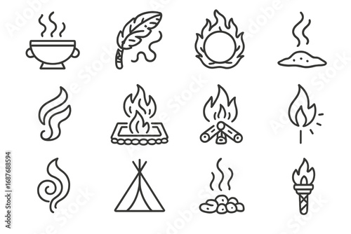 Ritual Fire Icons. Line style icons of fire and smoke in rituals: incense burner bowl, smoke feather fan, sacred fire ring, ash