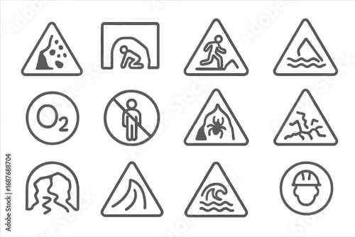 Cave Safety Icons. Line style icons of cave hazards and safety signs: falling rock icon, low ceiling symbol, slippery surface
