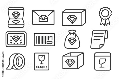 Gemstone Packaging Icons. Line style icons of gemstone packaging and shipping: padded gem case, labeled envelope, gemstone