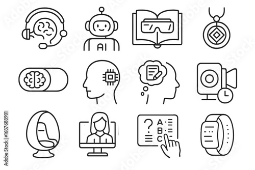 Futuristic Learning Icons. Line style icons of futuristic learning devices: knowledge transfer headset, AI learning assistant, AR