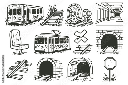 Urban Transportation Decay. Line style icons of transportation ruins: decayed subway car, overgrown tracks, rusted train wheel,