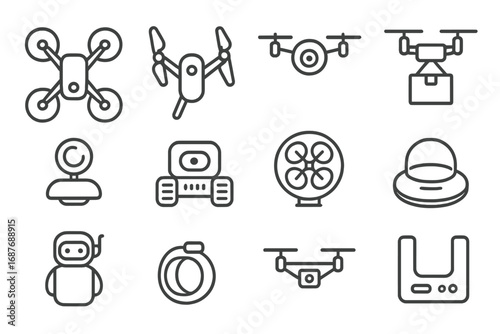 Line Style Drone Icons. Line style icons of personal drones and mini bots: compact quadcopter, foldable surveillance drone,