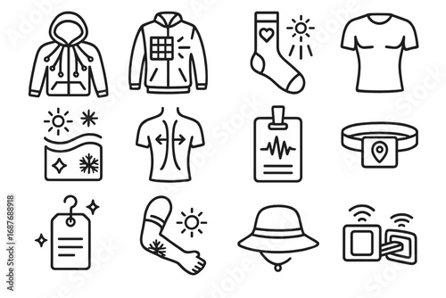 Smart Clothing Icons. Line style icons of smart clothing accessories: fiber optic hoodie, solar charging jacket, health tracking