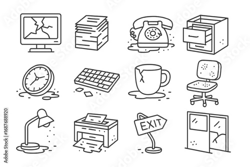 Office Ruins Icons. Line style icons of abandoned office ruins: broken monitor, paper stack, dust-covered phone, file drawer open,