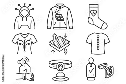 Smart Clothing Icons. Line style icons of smart clothing accessories: fiber optic hoodie, solar charging jacket, health tracking