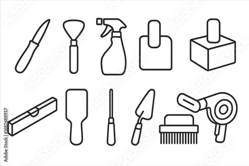 Sand Sculpting Tools. Line style icons of sand sculpting equipment: compact carving knife, wire loop tool, water sprayer bottle,