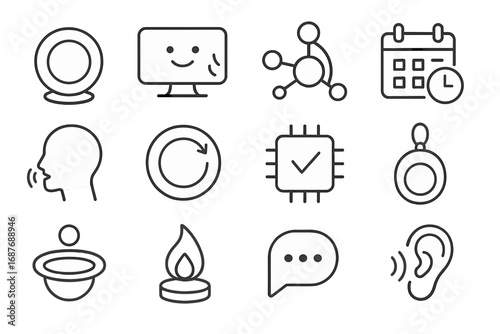 Virtual Assistant Icons. Line style icons of virtual assistants: context-aware orb, emotion-reactive screen, voice diary node,