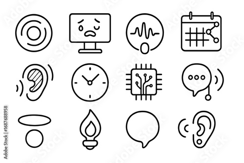 Virtual Assistant Icons. Line style icons of virtual assistants: context-aware orb, emotion-reactive screen, voice diary node,