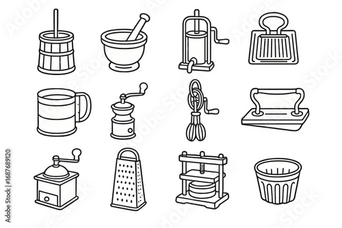 Antique Kitchen Tool Icons. Line style icons of antique kitchen tools: butter churn, mortar and pestle, sausage stuffer, cast iron