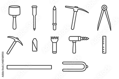 Antique Stone Carving Tools. Line style icons of stone carving antique tools: mallet, flat chisel, point chisel, tooth chisel,