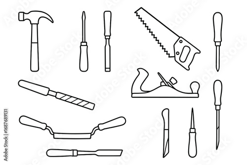 Woodworking Tools Icons. Line style icons of tools with wooden handles: classic hammer, screw driver, chisel, saw, file, plane,