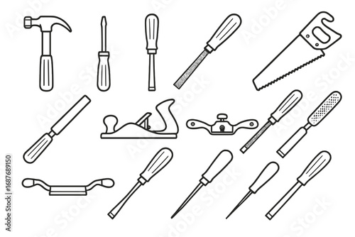 Woodworking Tools Icons. Line style icons of tools with wooden handles: classic hammer, screw driver, chisel, saw, file, plane,