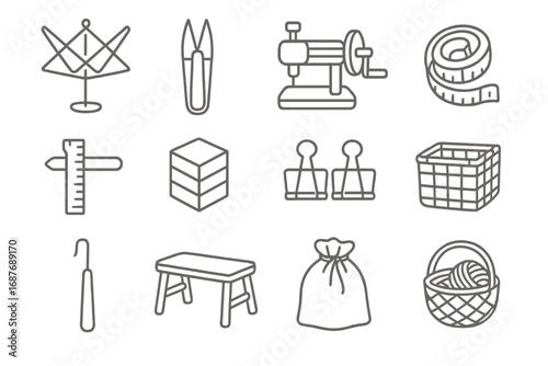 Weaving Accessories Icons. Line style icons of weaving accessories: yarn swift, thread snips, bobbin winder, measuring tape, seam