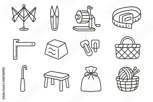 Weaving Accessories Icons. Line style icons of weaving accessories: yarn swift, thread snips, bobbin winder, measuring tape, seam