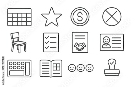 Behavior Modification Icons. Line style icons of behavior modification tools: behavior chart, star sticker, reward token, negative