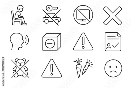Punishment Icons Collection. Line style icons of punishment methods: time-out icon, removal of privilege, no screen sign, red X
