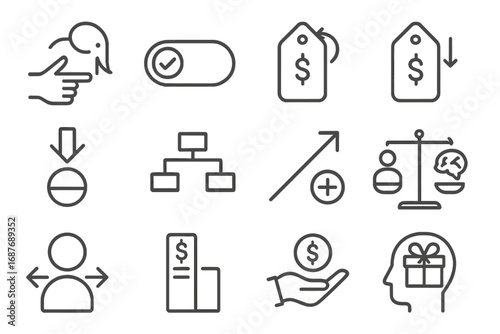 Behavioral Economics Icons Collection. Line style icons of behavioral economics links: nudge symbol, default option icon, behavior