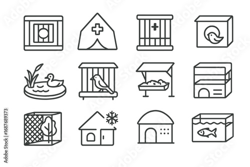 Rehabilitation Facility Icons. Line style icons of rehabilitation facilities: isolation enclosure, quarantine tent, healing cage,