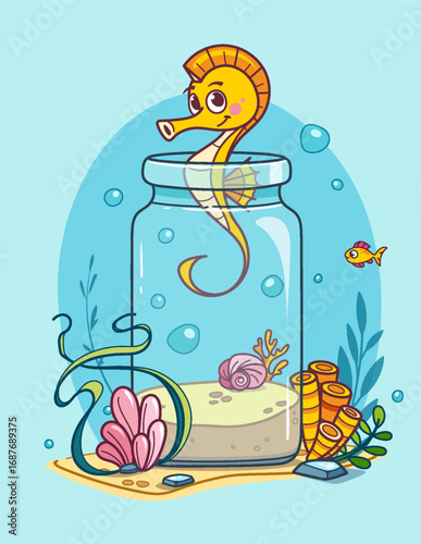 Colorful Oceanarium Scene with Seahorse in a Jar