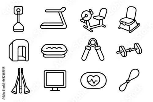 Zero-Gravity Exercise Icons. Line style icons of zero-gravity exercise tools: resistance band anchor, floating treadmill, arm