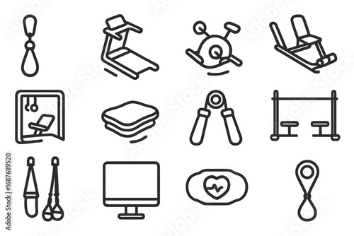 Zero-Gravity Exercise Icons. Line style icons of zero-gravity exercise tools: resistance band anchor, floating treadmill, arm