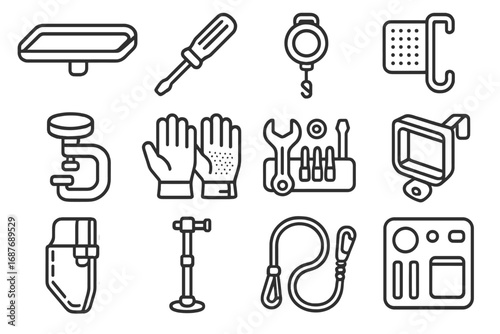 Zero-Gravity Tools Icons. Line style icons of zero-gravity tools and attachments: snap-on tray, magnetic tool handle, retractable
