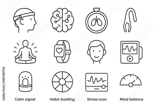 Mindfulness Biohacking Icons. Line style icons of mindfulness biohacking aids: neurofeedback headset, brain training icon, focused