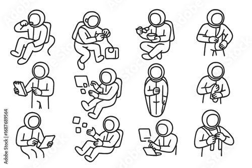 Zero Gravity Daily Tasks. Line style icons of daily tasks in zero gravity: brushing teeth in air, clipping nails tethered, eating