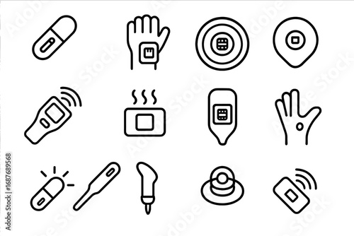 Biohacking Implant Icons. Line style icons of biohacking implants and chips: RFID capsule, NFC wrist implant, bio-sensor disc,
