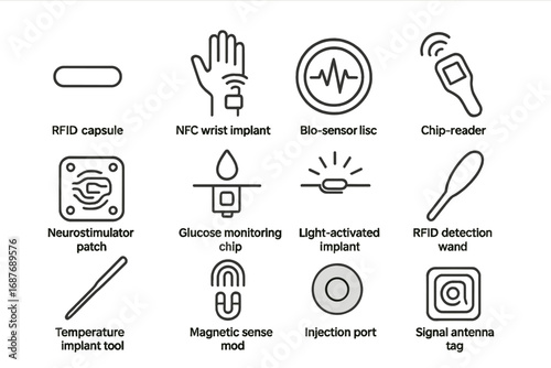 Biohacking Implant Icons. Line style icons of biohacking implants and chips: RFID capsule, NFC wrist implant, bio-sensor disc,