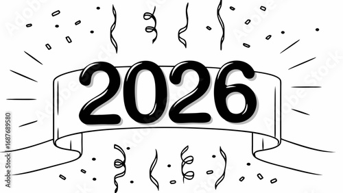 Black 2026 text on a banner with confetti and streamers, a celebratory design.