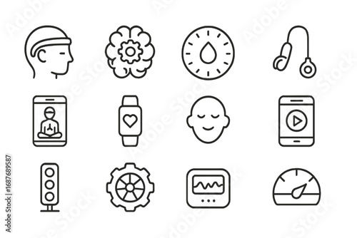 Mindfulness Biohacking Icons. Line style icons of mindfulness biohacking aids: neurofeedback headset, brain training icon, focused
