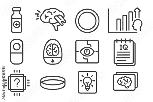 Cognitive Enhancement Icons. Line style icons of cognitive enhancement tools: attention booster vial, brain zapper clip,