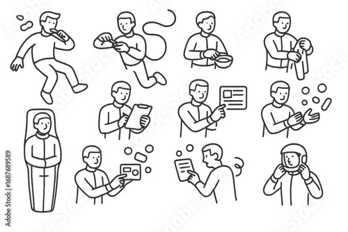 Zero Gravity Daily Tasks. Line style icons of daily tasks in zero gravity: brushing teeth in air, clipping nails tethered, eating